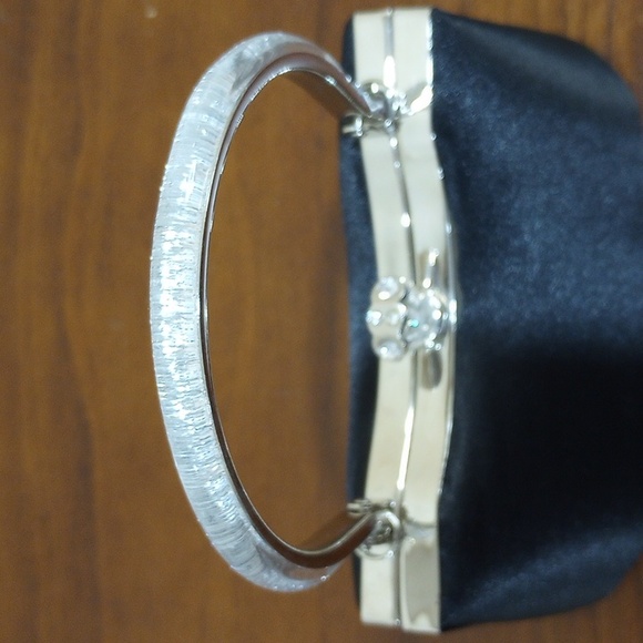 Black Poi De Soie Black Satin with Silver Trim Structured Evening Bag - Picture 5 of 12